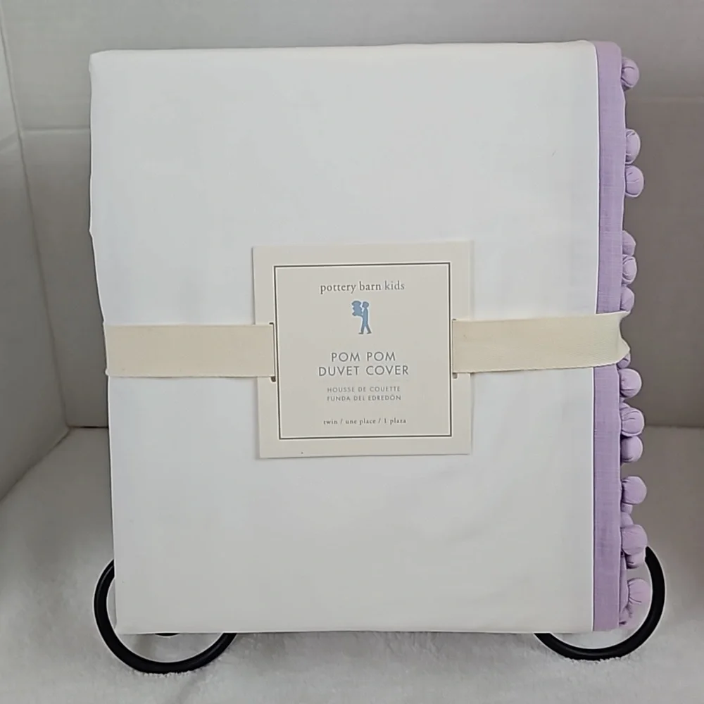 Pottery Barn Kids | White Lavendar Pom Pom Organic Cotton Duet Cover Twin
